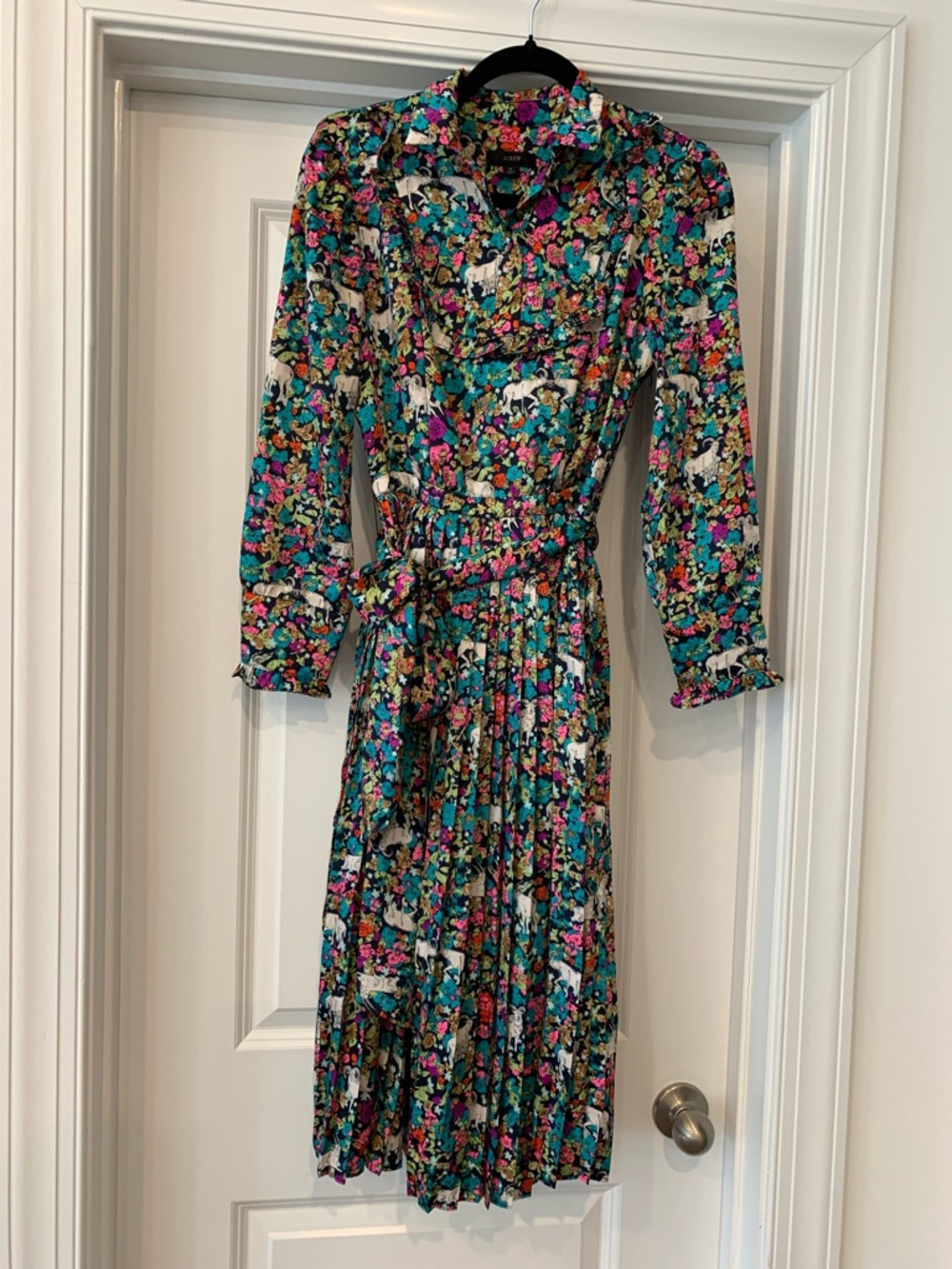 J. Crew Teal Floral “ Grazing Goats” Long Sleeve Shirt Dress with Belt 0 NWOT